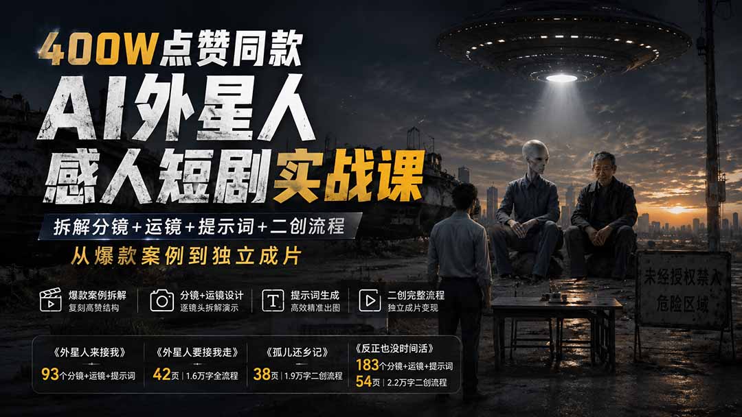 400W点赞同款AI外星人感人短剧实战课-更新1009:拆解分镜+运镜+提示词+二创流程,从爆款案例到独立成片-站长V课