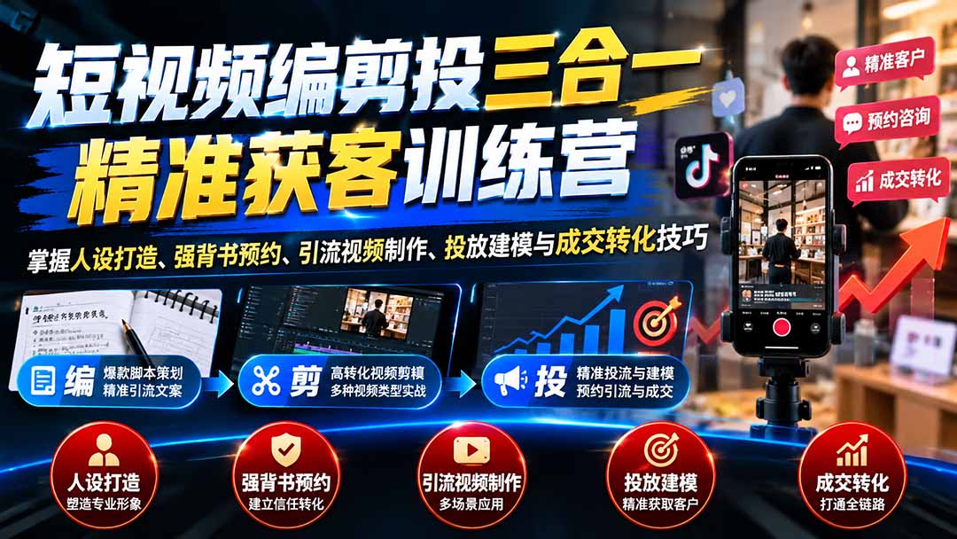 短视频编剪投三合一精准获客训练营:掌握人设打造、强背书预约、引流视频制作、投放建模与成交转化技巧-站长V课