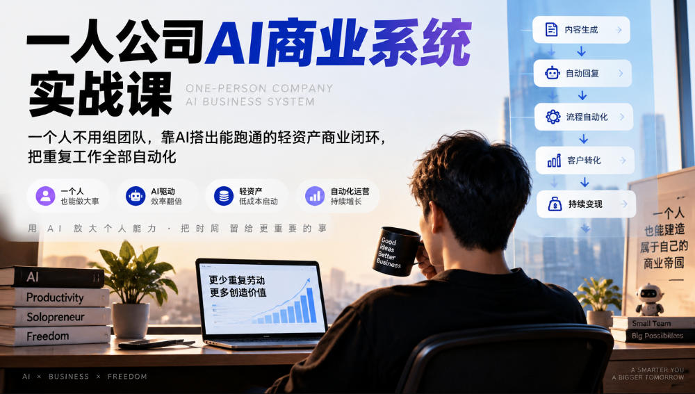 一人公司AI商业系统实战课,一个人不用组团队,靠AI搭出能跑通的轻资产商业闭环,把重复工作全部自动化-站长V课