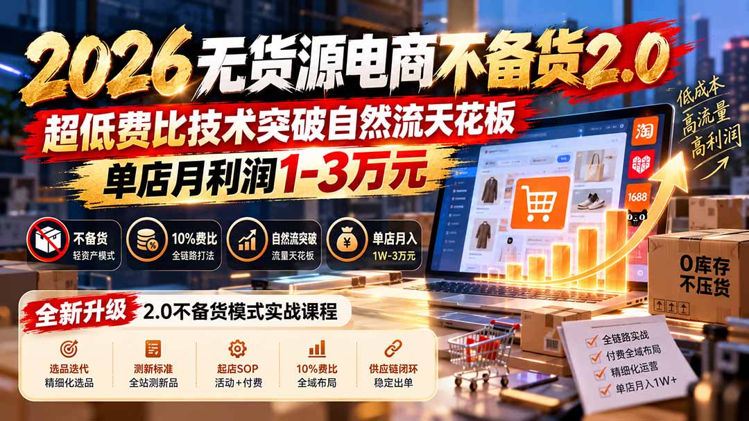 2026无货源电商不备货2.0【更新1010】:超低费比技术突破自然流天花板,单店月利润1-3万元-站长V课