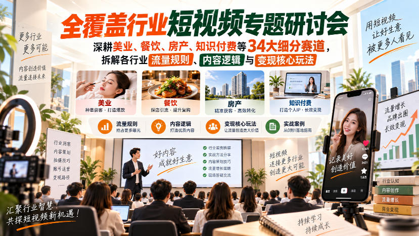 短视频专题研讨会,深耕美业、餐饮、房产、知识付费等34大细分赛道,拆解各行业流量规则、内容逻辑与变现核心玩法(更新1011)-站长V课