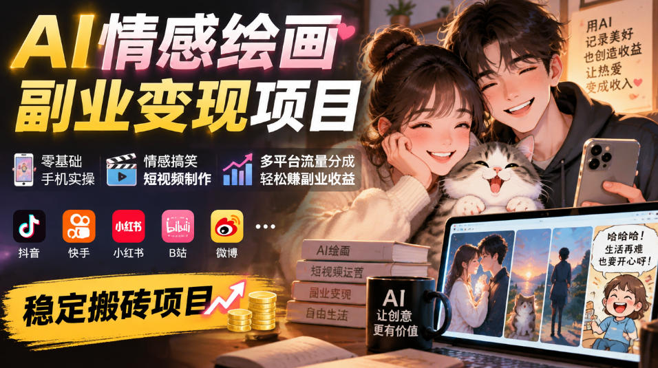 AI情感绘画副业变现项目|零基础手机实操,情感搞笑短视频制作,多平台流量分成轻松賺副业收益-站长V课