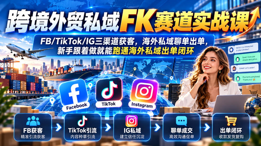 跨境外贸私域FK赛道实战课｜FB/TikTok/IG三渠道获客，海外私域聊单出单，新手跟着做就能跑通海外私域出单闭环-站长V课