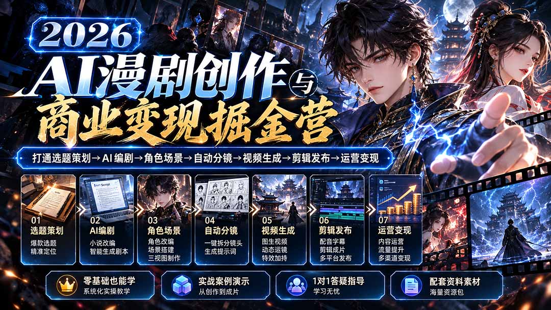 【无水印】2026AI漫剧创作与商业变现掘金营:打通选题→AI编剧→角色场景→自动分镜→视频生成→剪辑发布→运营变现-站长V课