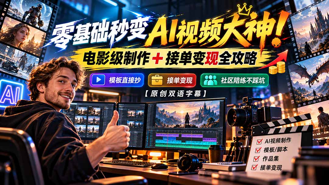零基础秒变AI视频大神!电影级制作 + 接单变现全攻略,模板直接抄,社区陪练不踩坑【原创双语字幕】-站长V课