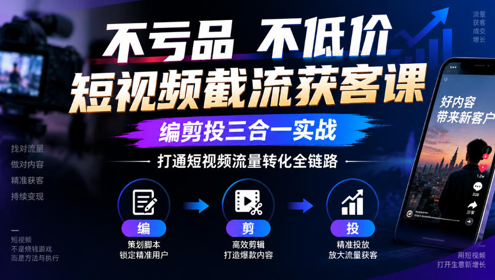 不亏品不低价短视频截流获客课,编剪投三合一实战,打通短视频流量转化全链路-站长V课