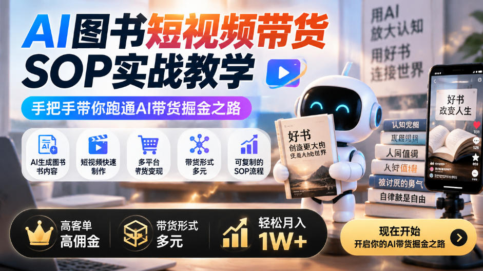 AI图书短视频带货SOP实战教学，手把手带你跑通AI带货掘金之路，高客单高佣金，带货形式多元，轻松月入1W+-站长V课