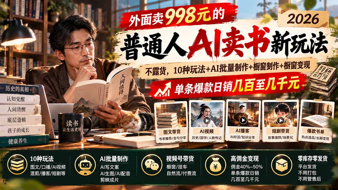 外面卖998元的2026普通人AI卖书新玩法:不露脸、不囤货,10种玩法+AI批量制作+橱窗变现,单条爆款日销几百至几千元-站长V课