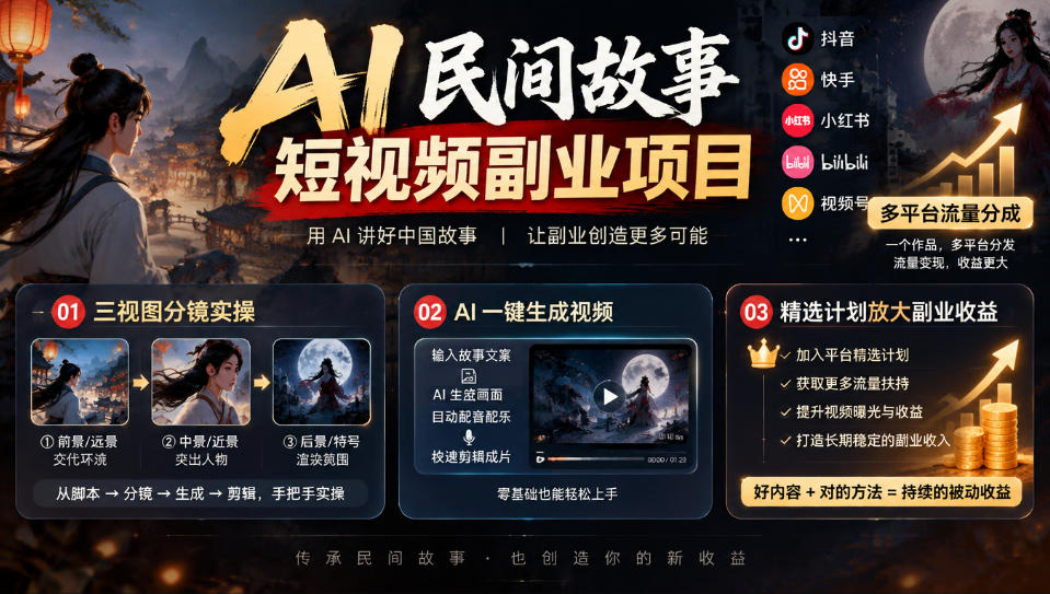 AI民间故事短视频副业项目,多平台流量分成,三视图分镜实操,精选计划放大副业收益-站长V课