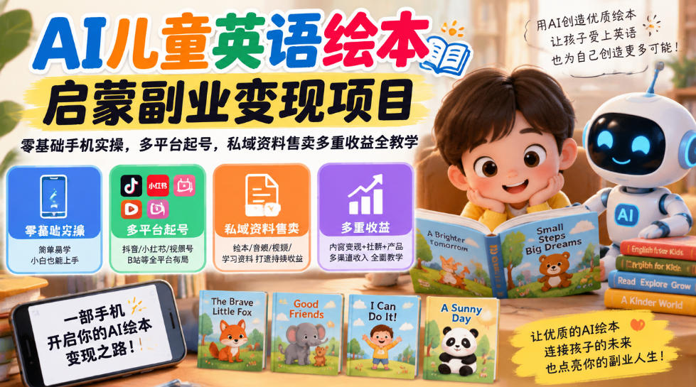 AI儿童英语绘本启蒙副业变现项目,零基础手机实操,多平台起号,私域资料售卖多重收益全教学-站长V课