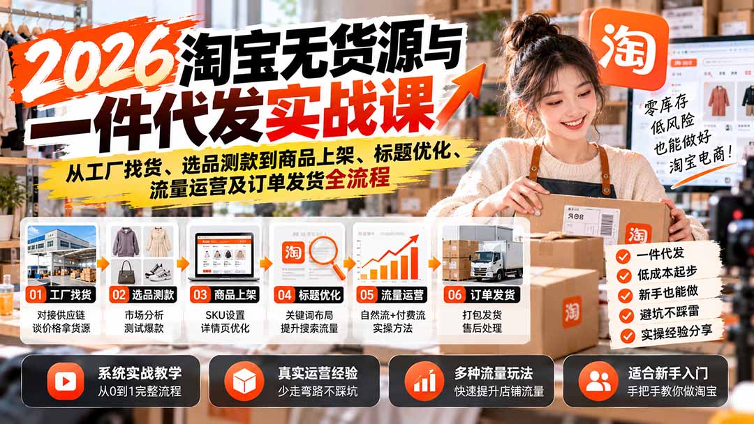 2026淘宝无货源与一件代发实战课：从工厂找货、选品测款到商品上架、标题优化、流量运营及订单发货全流程-站长V课