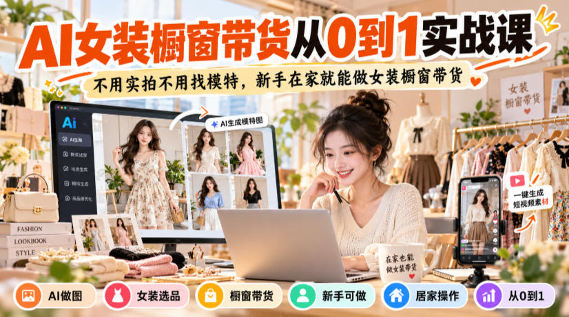 AI女装橱窗带货从0到1实战课,不用实拍不用找模特,新手在家就能做女装橱窗带货-站长V课