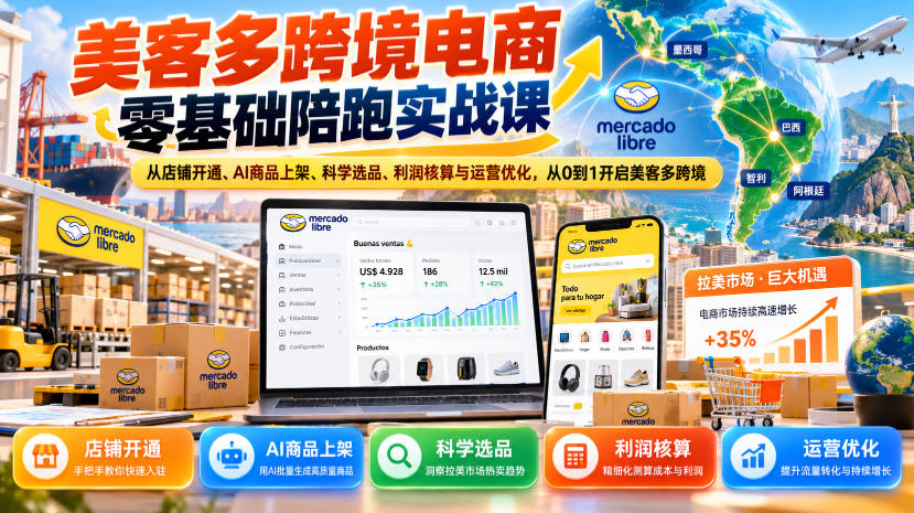 美客多跨境电商零基础陪跑实战课：从店铺开通、AI商品上架、科学选品、利润核算与运营优化，从0到1开启美客多跨境-站长V课