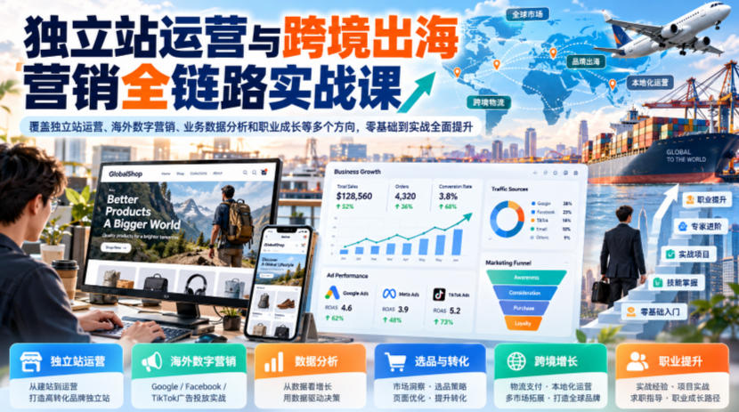 独立站运营与跨境出海营销全链路实战课，覆盖独立站运营、海外数字营销、业务数据分析和职业成长等多个方向，零基础到实战全面提升-站长V课