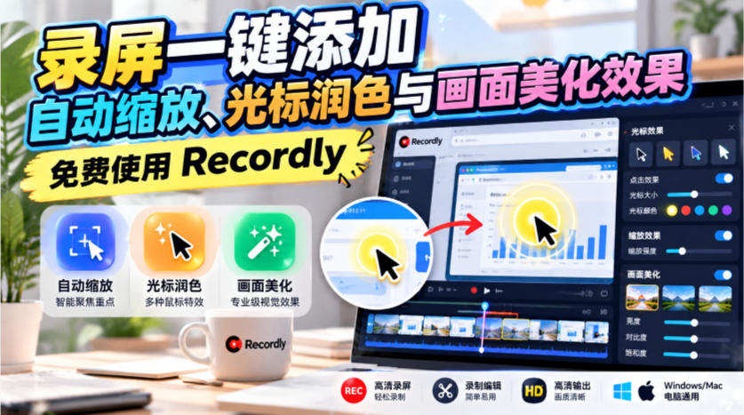 录屏一键添加自动缩放、光标润色与画面美化效果，免费使用Recordly-站长V课