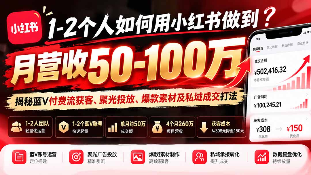 1-2个人如何用小红书做到月营收50-100万？揭秘蓝V付费流获客、聚光投放、爆款素材及私域成交打法-站长V课