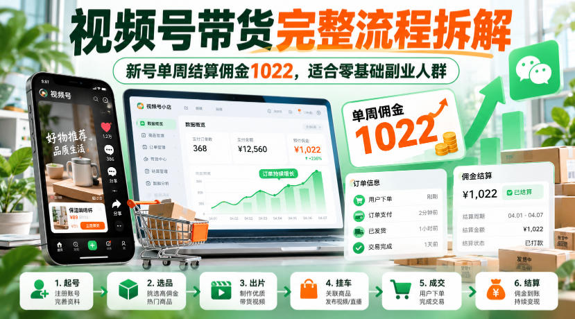 视频号带货完整流程拆解，新号单周结算佣金1022，适合零基础副业人群-站长V课