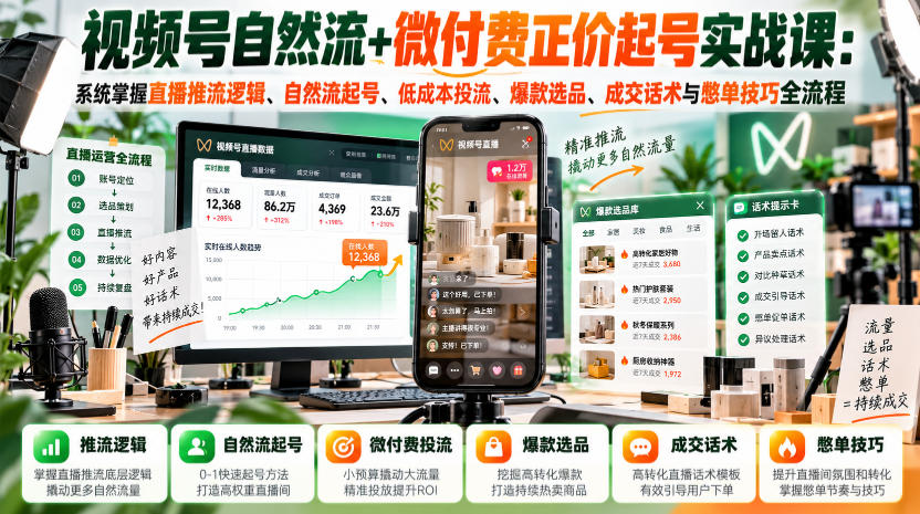 视频号自然流+微付费正价起号实战课：系统掌握直播推流逻辑、自然流起号、低成本投流、爆款选品、成交话术与憋单技巧全流程-站长V课