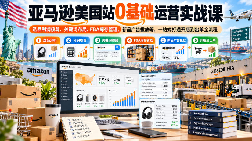 亚马逊美国站0基础运营实战课｜选品利润核算、关键词布局、FBA库存管理、新品广告投放等，一站式打通开店到出单全流程-站长V课