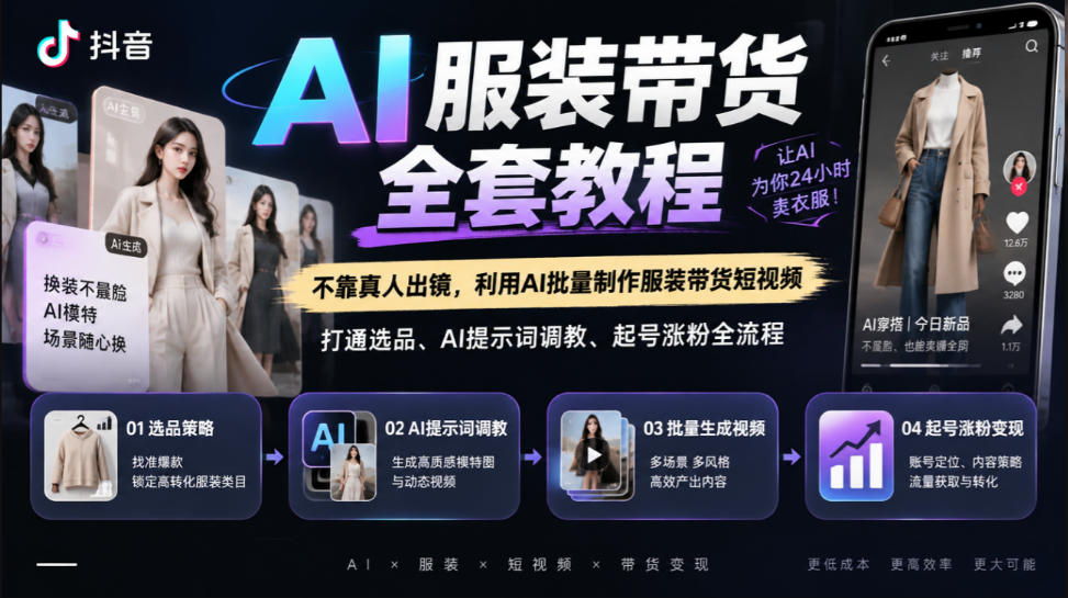 抖音AI服装带货全套教程，不靠真人出镜，利用AI批量制作服装带货短视频，打通选品、AI提示词调教、起号涨粉全流程-站长V课