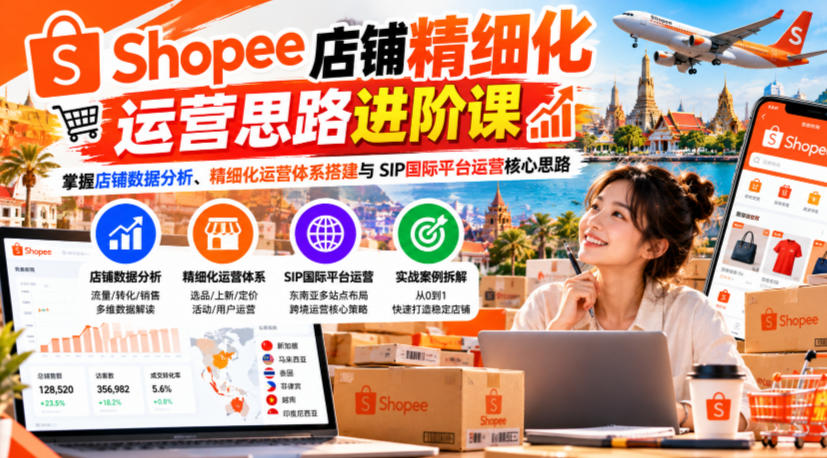 Shopee店铺精细化运营思路进阶课，掌握店铺数据分析、精细化运营体系搭建与SIP国际平台运营核心思路-站长V课