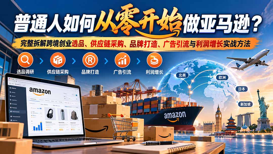 普通人如何从零开始做亚马逊？完整拆解跨境创业选品、供应链采购、品牌打造、广告引流与利润增长实战方法-站长V课