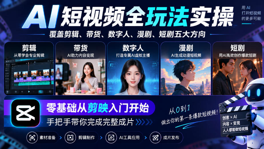 AI短视频全玩法实操，覆盖剪辑、带货、数字人、漫剧、短剧五大方向，零基础从剪映入门开始，手把手带你完成完整成片-站长V课