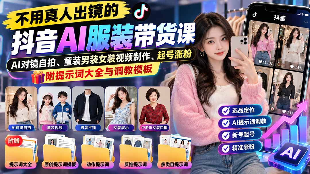 不用真人出镜的抖音AI服装带货课：AI对镜自拍、童装男装女装视频制作、起号涨粉，附提示词大全与调教模板-站长V课