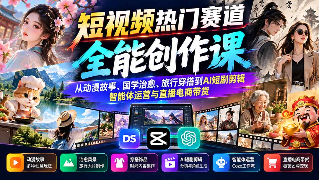 短视频热门赛道全能创作课：从动漫故事、国学治愈、旅行穿搭到AI短剧剪辑、智能体运营与直播电商带货-站长V课
