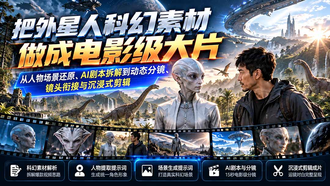 把外星人科幻素材做成电影级大片：从人物场景还原、AI剧本拆解到动态分镜、镜头衔接与沉浸式剪辑-站长V课