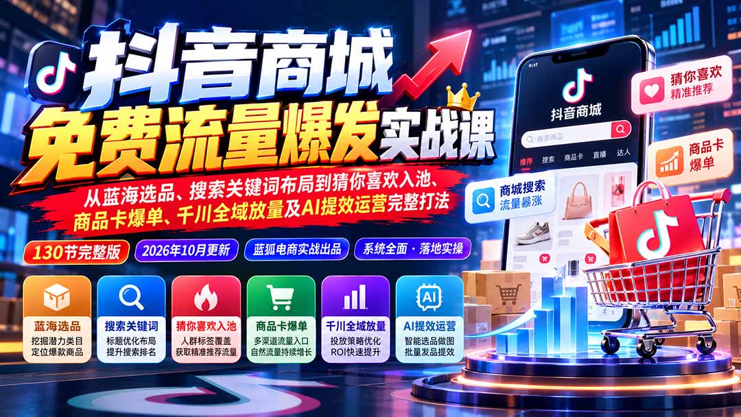 抖音商城免费流量爆发实战：从蓝海选品、搜索关键词布局到猜你喜欢入池、商品卡爆单、千川全域放量及AI提效完整打法-站长V课