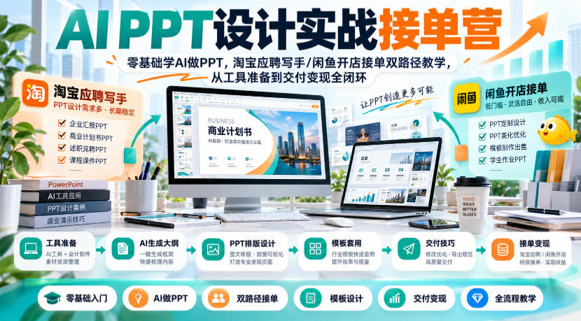 AI PPT设计实战接单营｜零基础学AI做PPT，淘宝应聘写手/闲鱼开店接单双路径教学，从工具准备到交付变现全闭环-站长V课