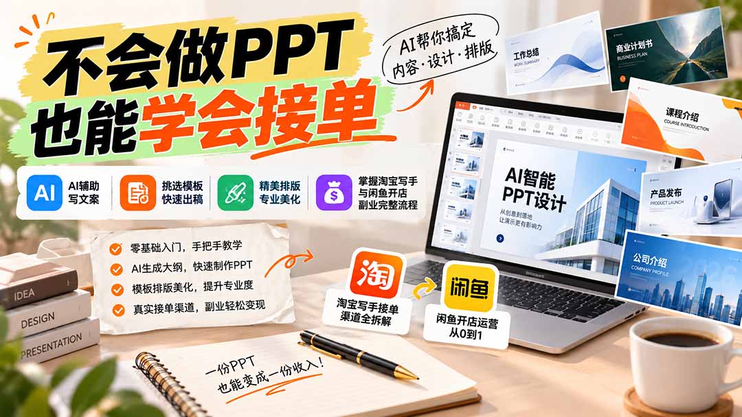不会做PPT也能学会接单：AI辅助写文案、挑模板、做排版，掌握淘宝写手与闲鱼开店副业完整流程-站长V课