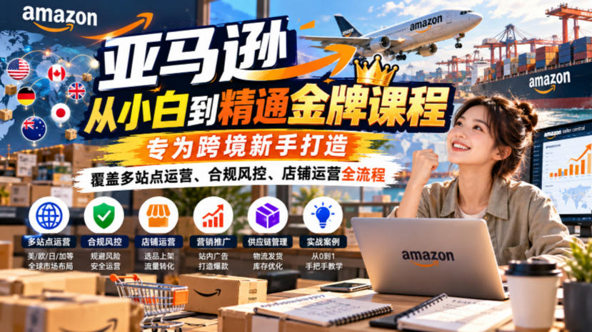 亚马逊从小白到精通金牌课程，专为跨境新手打造，覆盖多站点运营、合规风控、店铺运营全流程-站长V课