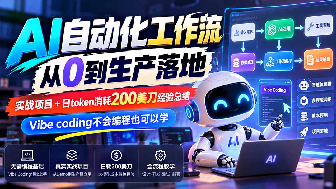【无水印】AI自动化工作流从0到生产落地,实战项目+日token消耗200美刀经验总结,Vibe coding不会编程也可以学-站长V课