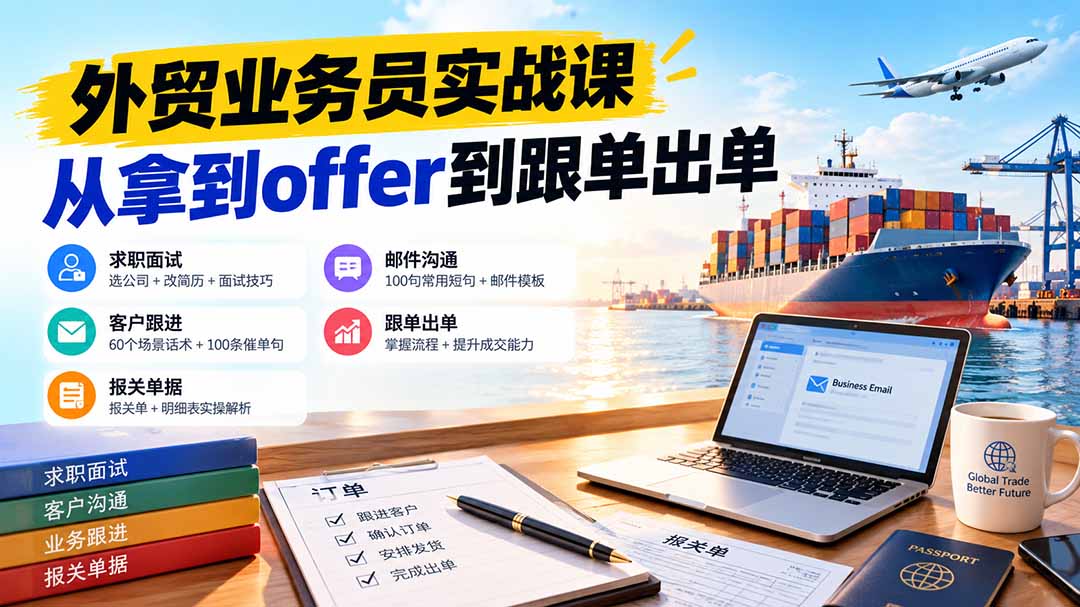 外贸业务员从求职到出单实战课：教你筛选优质公司、优化简历、应对面试、客户跟进催单及出口报关操作篇-站长V课