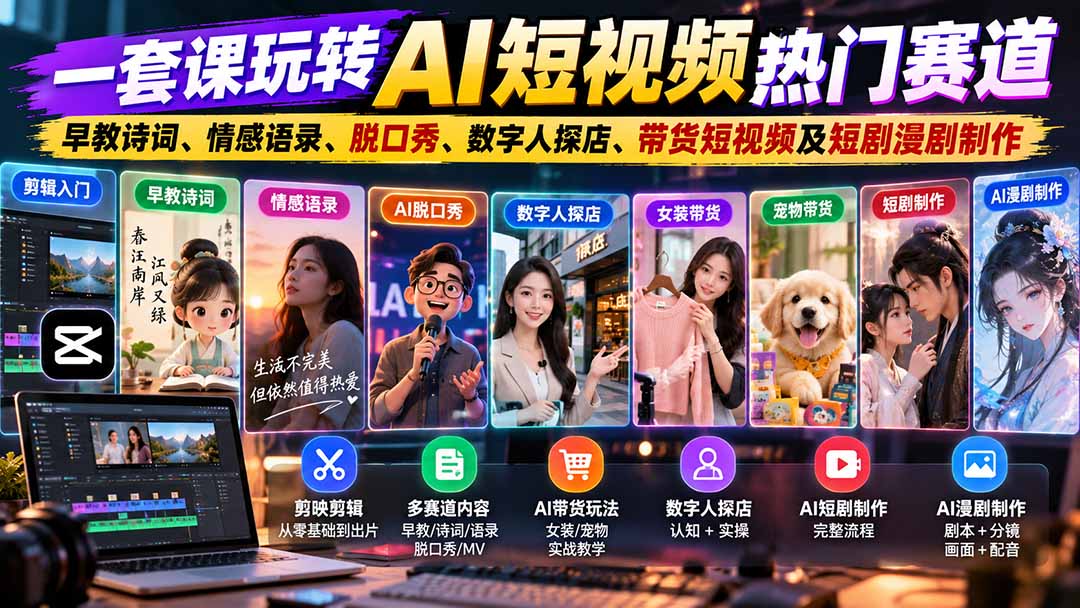 一套课玩转AI短视频热门赛道：早教诗词、情感语录、脱口秀、数字人探店、带货短视频及短剧漫剧制作  复制标题-站长V课