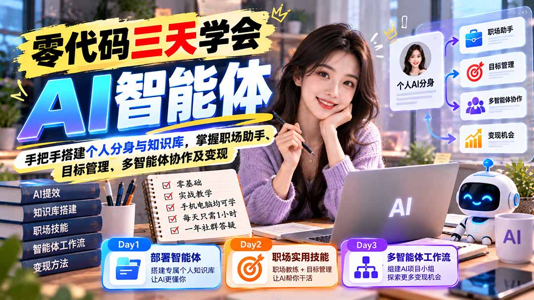 【无水印】零代码三天学会AI智能体:手把手搭建个人分身与知识库,掌握职场助手、目标管理、多智能体协作及变现-站长V课