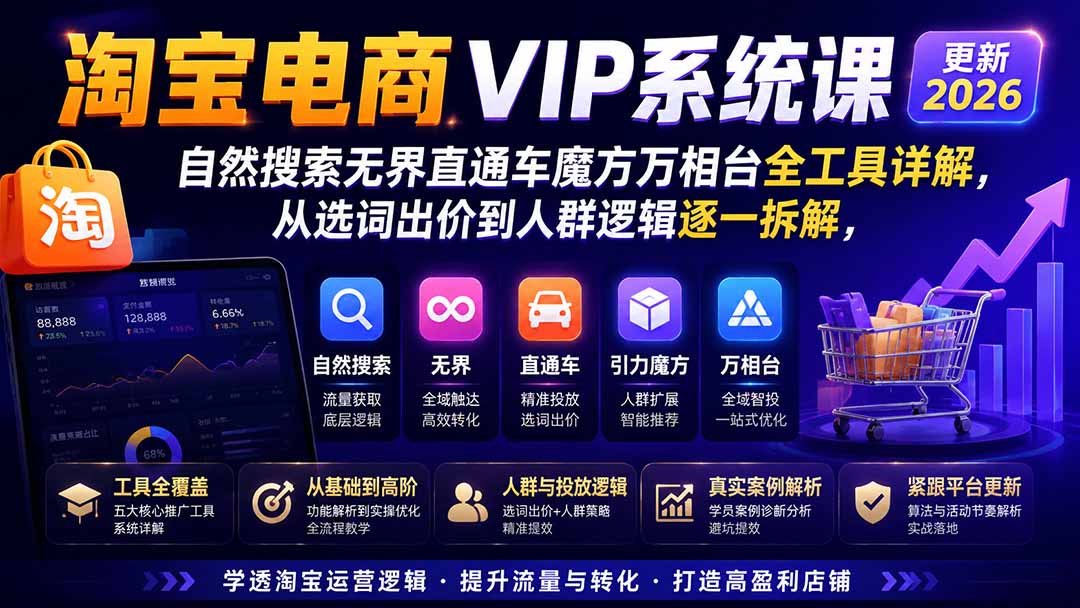 2026淘宝电商终局之战VIP课-更新1015：自然搜索+直通车+无界+精准人群，系统掌握测款动销与全店推广布局方法-站长V课