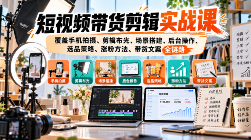 短视频带货剪辑实战课，覆盖手机拍摄、剪辑布光、场景搭建、后台操作、选品策略、涨粉方法、带货文案全链路-站长V课