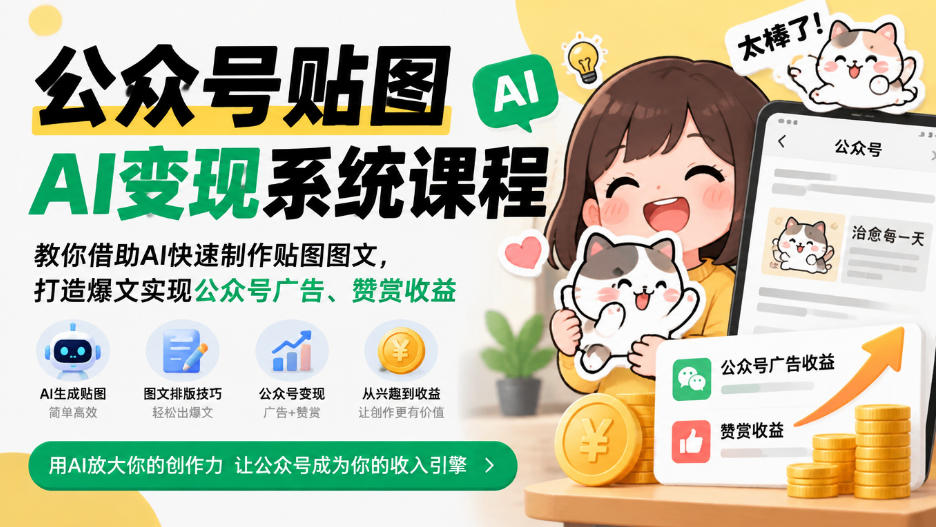 公众号贴图AI变现系统课程｜教你借助AI快速制作贴图图文，打造爆文实现公众号广告、赞赏收益-站长V课