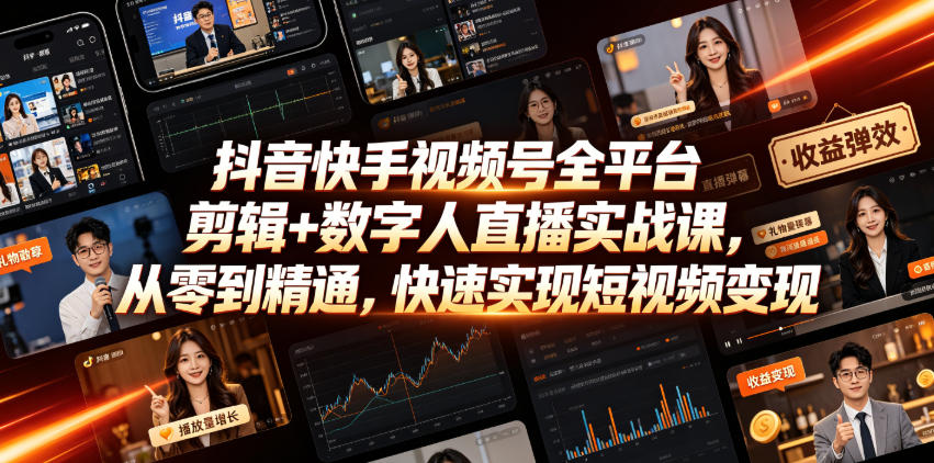 抖音快手视频号全平台剪辑+数字人直播实战课，从零到精通，快速实现短视频变现(更新2026年10月)​-站长V课