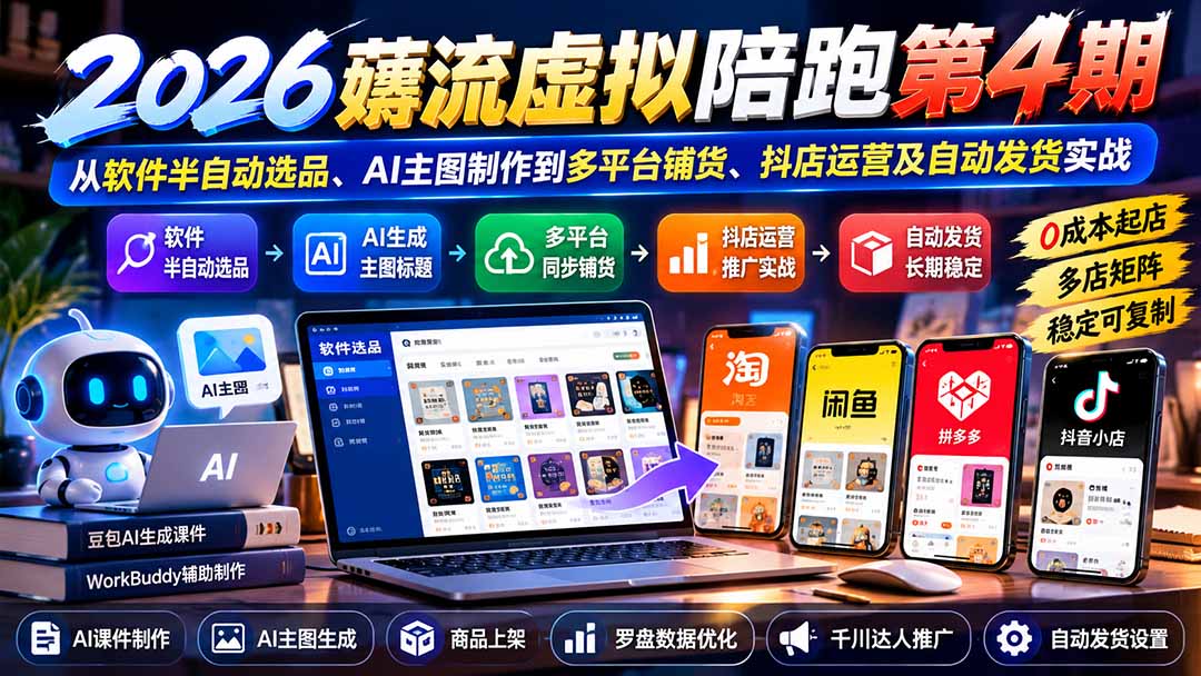 2026薅流虚拟陪跑第4期：从软件半自动选品、AI主图制作到多平台铺货、抖店运营及自动发货实战-站长V课