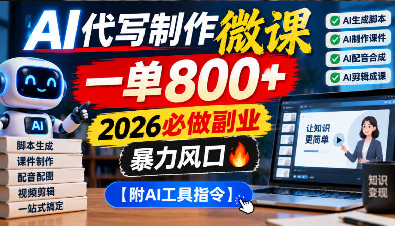 AI代写制作微课，一单800+，2026必做副业，暴力风口【附AI工具指令】【揭秘】-站长V课