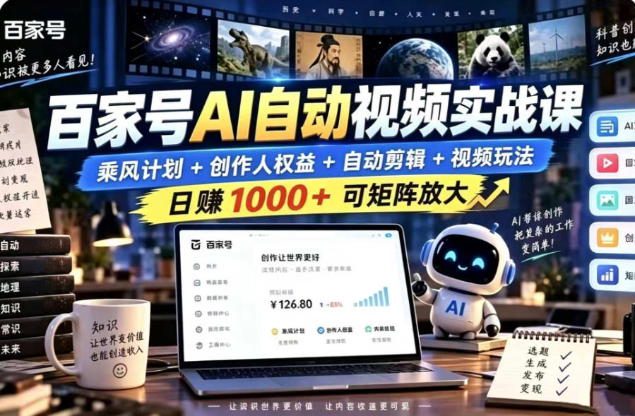百家号自动矩阵玩法，长期可以做的项目，日入1k+，真正的睡后收入-站长V课