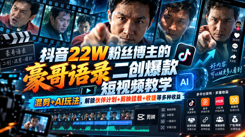 抖音22W粉丝博主的豪哥语录二创爆款短视频教学，混剪+AI玩法，解锁伙伴计划+剪映挂载+收徒等多种收益-站长V课
