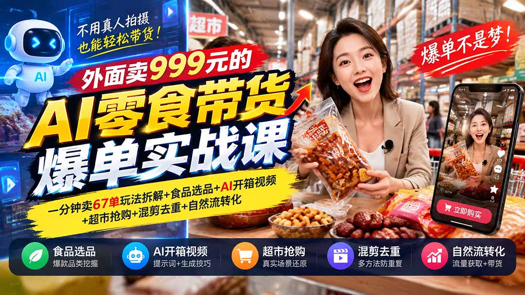 外面卖999元的AI零食带货爆单实战课｜一分钟卖67单玩法拆解+食品选品+AI开箱视频+超市抢购+混剪去重+自然流转化-站长V课