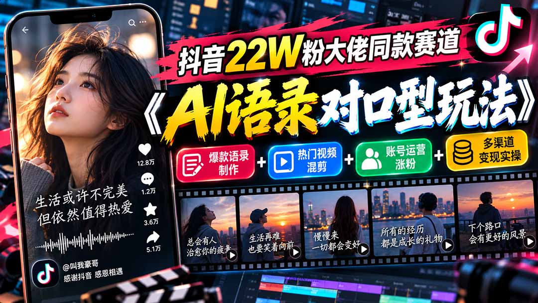 抖音22W粉大佬同款赛道《AI语录对口型玩法》：爆款语录制作+热门视频混剪+账号运营涨粉+多渠道变现实操-站长V课