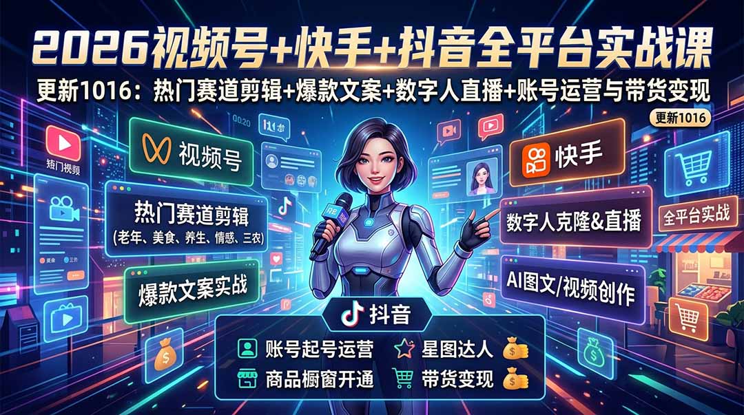 视频号+快手+抖音三大平台的全栈剪辑+数字人直播实战课-3月更新：快速实现短视频变现-站长V课