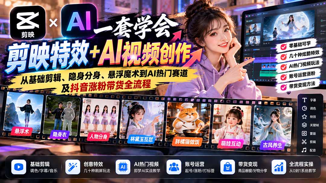 一套学会剪映特效+AI视频创作：从基础剪辑、隐身分身、悬浮魔术到AI热门赛道及抖音涨粉带货全流程-站长V课